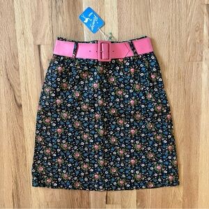 Vintage 70s Floral Black Skirt with Pink Belt NWT